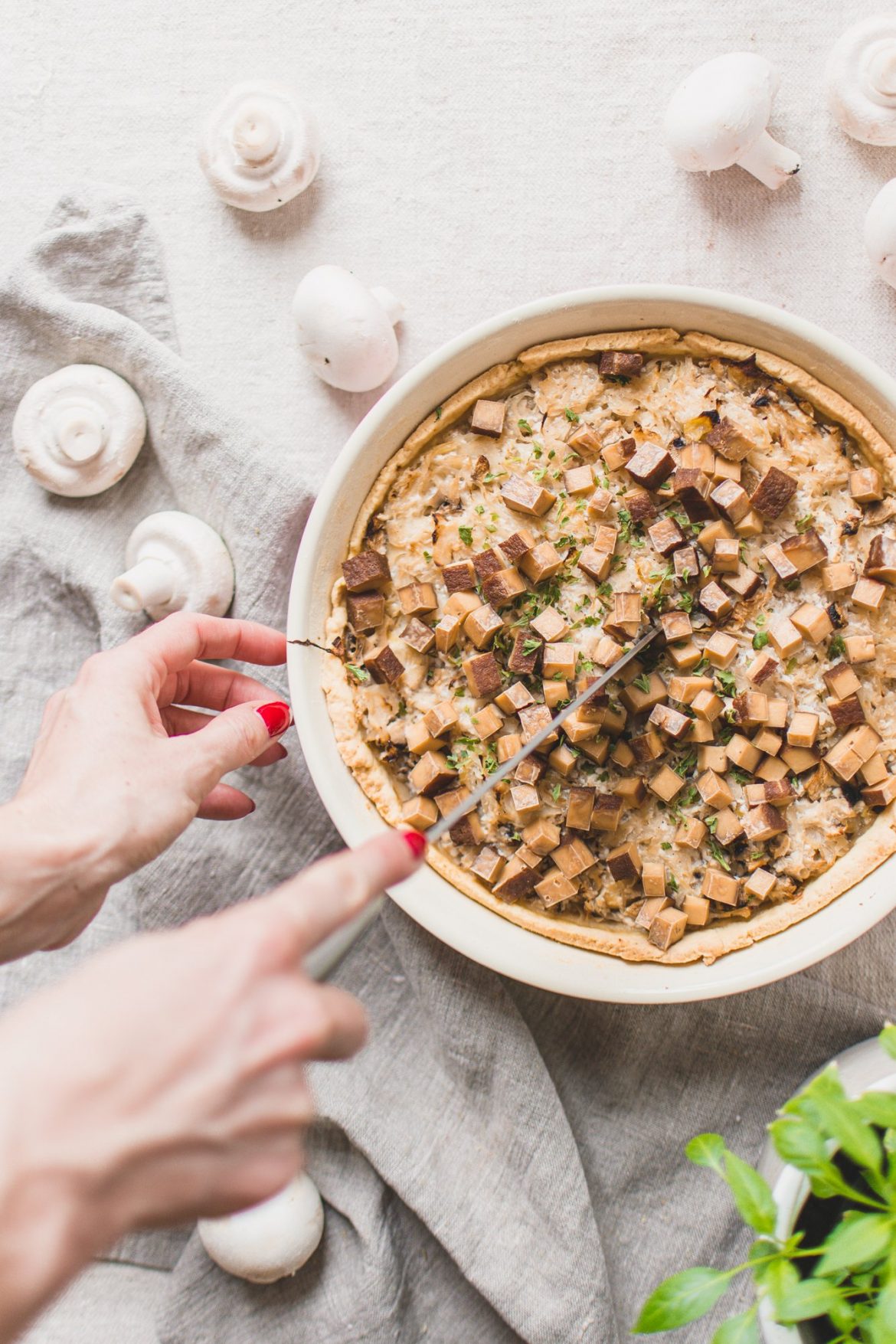 This savory tart with creamy sauerkraut and mushrooms quiche filling and crispy smoked tofu is simple, delicious, and perfect for lunch or dinner! #veganrecipes #healthydishes #sauerkrautrecipes #tofu